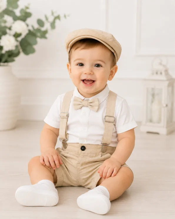 Costumaș de botez băiat bej Aron din in, cu papion